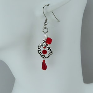 Vampire Teeth Earrings in Silver with Suspended Blood Red Crystals and Beads