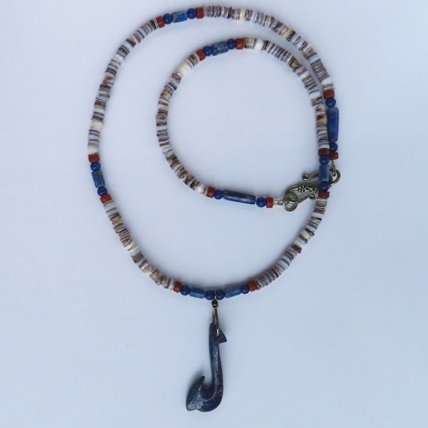 Men's Necklace with Lapis Lazuli Hei Matau Pendant on Tiger Cowrie Necklace, Lapis Accents