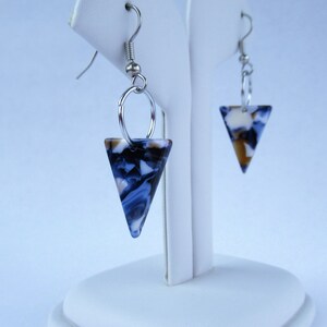 Abstract Earrings with Triangles and Hoops in Intense Blue with Multi-Colored Swirls