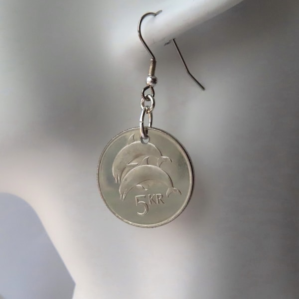Dolphin Earrings, Upcycled from Iceland Krona dated 1996, embossed with Two Dolphins