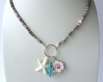 Ocean Charm Halskette mit Anker, Seestern, und Muschel, Labradorit und Hammermuschel Heishis