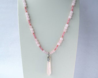 Rose Quartz Crystal Pendant Necklace: Pink Opal, Swarovski Crystals, Long Beaded Necklace