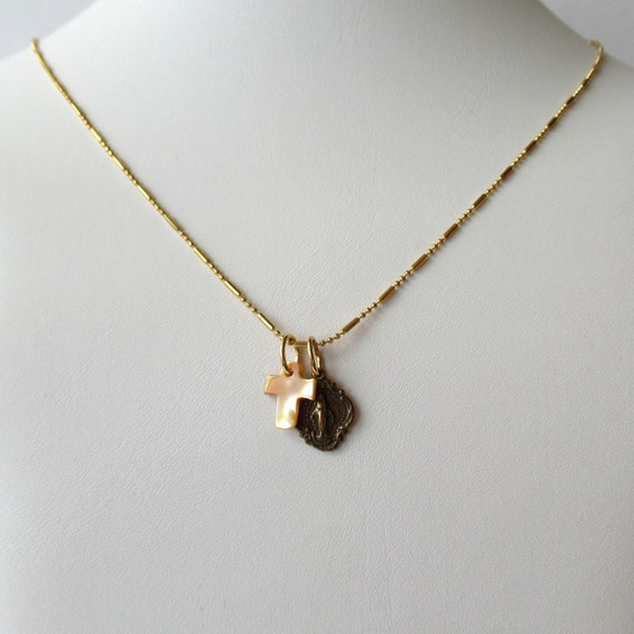 Mother of Pearl Cross Necklace: Bronze Miraculous Medal, Gold Chain