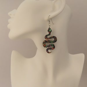 Snake Earrings with Iridescent Colors, Large Acrylic Snakes in faux Mother of Pearl with Shifting Colors
