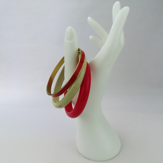 Stacking Bangles in Red, Cream, and Gold with Red… - image 1