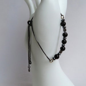 Bracelet of Black Onyx and Hematite on Black Box Chain, Adjustable Size