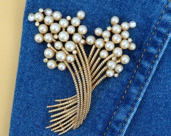 Crown Trifari Brooch, Floral Design with Faux Pearls and Tiny Rhinestones, Mid-Century