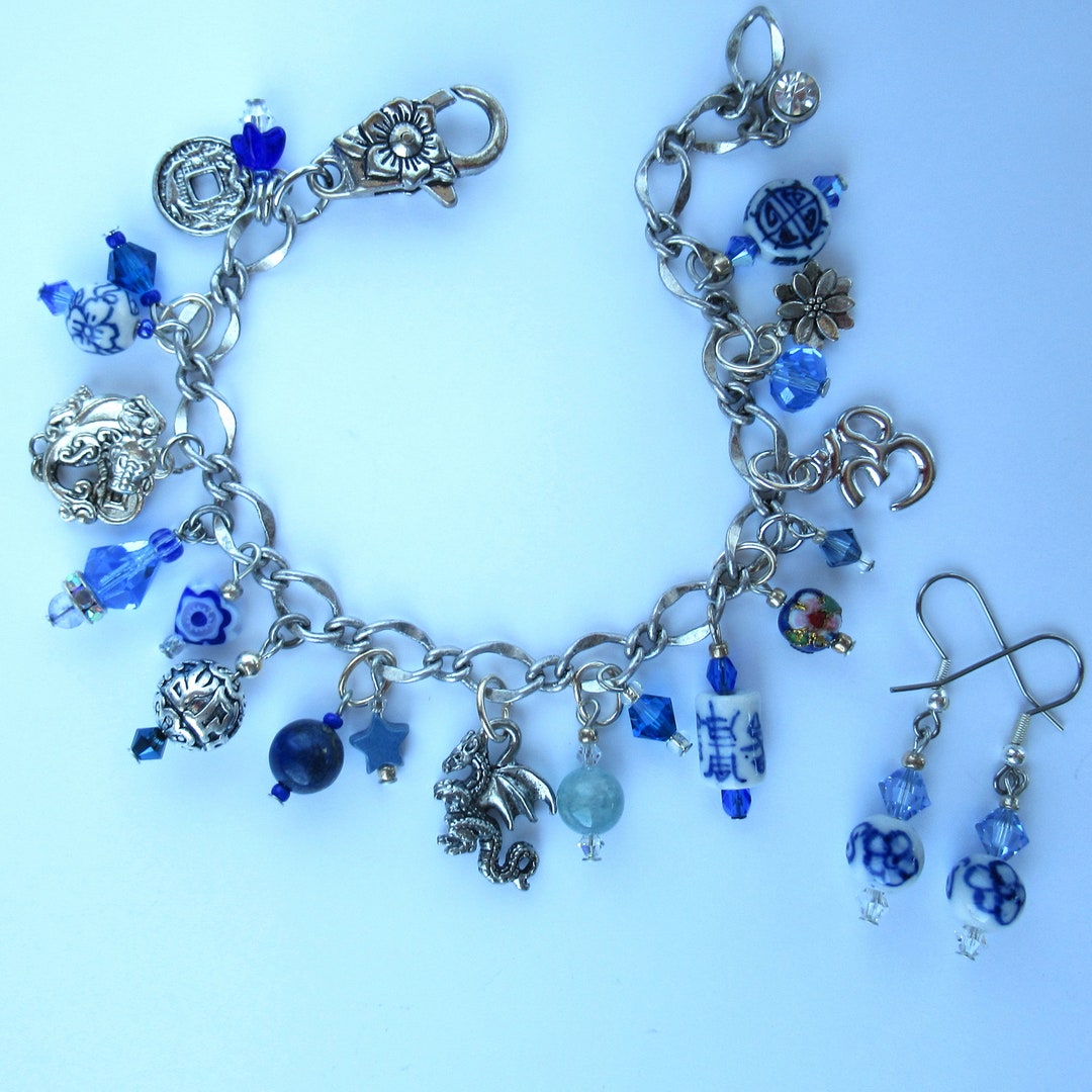 Dragon Charm Bracelet With Blue and Silver Charms, Asian Motif