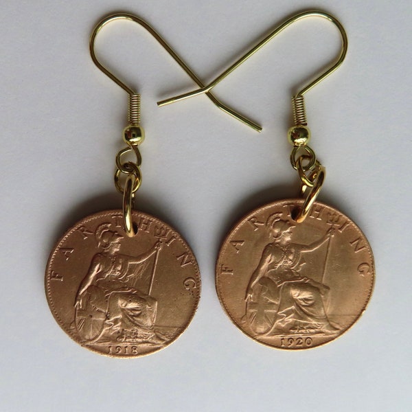 Farthing Coin Earrings featuring Britannia with Trident and Helmet, Upcycled 1918 and 1920 Coins
