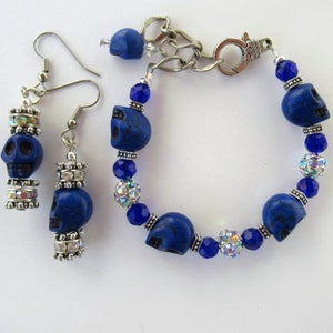 Blue Skulls Bracelet with Sparkling Rhinestones and Matching Earrings, Adjustable Size
