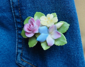 Vintage 1950’s Porcelain Flower Brooch with Multicolored Flowers by Cara