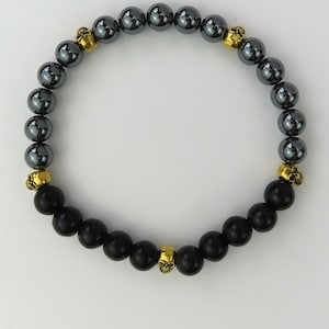 Men’s Black Bracelet with Gold Skulls, Black Onyx, Hematite, Stretch Bracelet, Stackable Bracelet