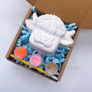 May include: A white ceramic Highland Cow figurine in a cardboard box with blue and white tissue paper. The box also contains three small paint pots with orange, pink, and brown paint, a paintbrush, and a cotton swab.