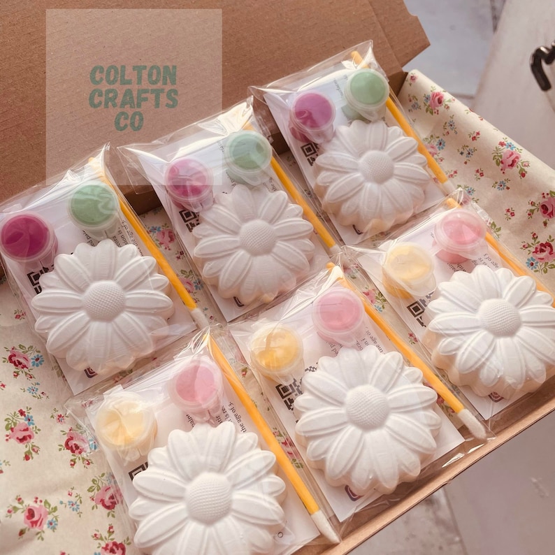 May include: A set of six paint-your-own daisy flower kits. Each kit includes a white plaster daisy, a small paint pot, a paintbrush, and a QR code. The paint pots are in various colors, including pink, green, yellow, and blue.