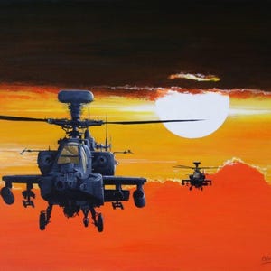 May include: An acrylic painting depicts two dark gray helicopters flying against a vibrant sunset. The sky transitions from orange to yellow, with a large white sun. The painting evokes a sense of flight and military aviation.