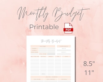 May include: Printable monthly budget planner with sections for income, expenses, and a monthly summary. The planner is 8.5 inches by 11 inches.