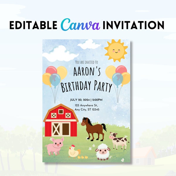 Editable Farm Birthday Invitation Farm Animals Farmhouse Canva Invitation Digital File