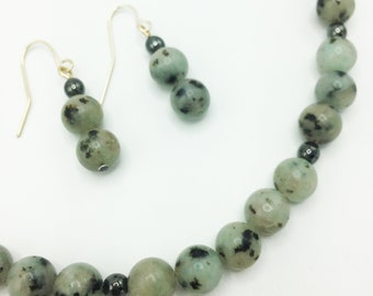 Sesame Jasper Necklace Earring Set | Jasper Beaded Necklace and Earring Set for Women with Hematite Accents