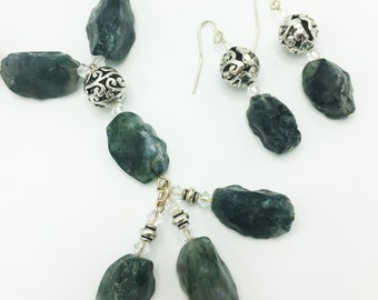 Green Moss Agate Beaded Necklace and Earring Set | Beaded Agate Necklace Set for Women with Swarovski Crystal and Pewter Accents