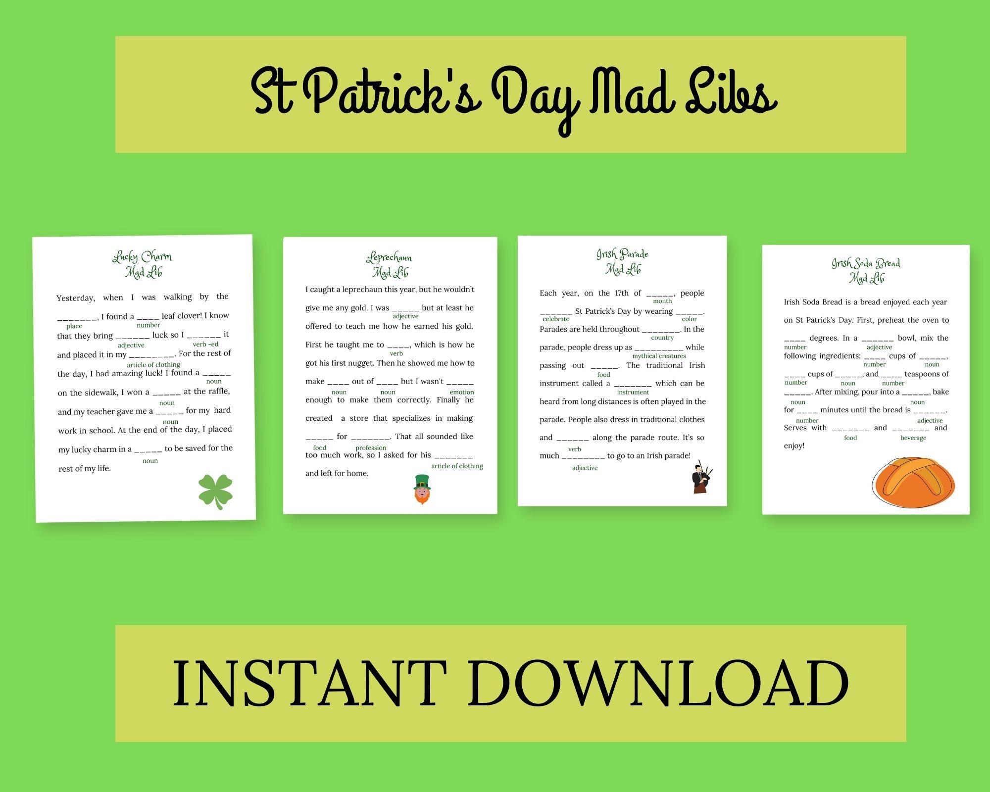 St Patrick's Day Printable Mad Libs for kids letter and | Etsy