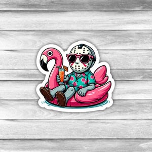 May include: A cartoon illustration of a person wearing a hockey mask and a Hawaiian shirt, floating on a pink flamingo pool float and holding a glass of orange juice.