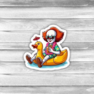 May include: A cartoon illustration of a clown wearing sunglasses and a floral shirt, floating on a yellow rubber ducky with a pink umbrella. The clown is holding a glass of orange juice.