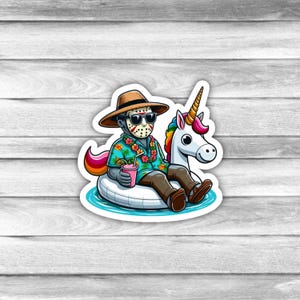 May include: A sticker featuring a cartoon character wearing a hockey mask and a Hawaiian shirt, riding a unicorn float in a pool. The character is holding a pink drink with a straw.
