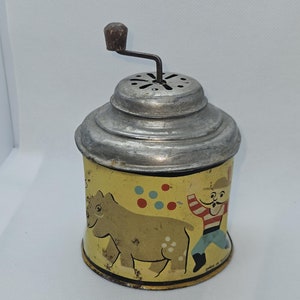 Vintage German Tin  Musical Children Toy, Crank Handle, Circus Theme, Dents
