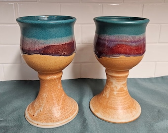 2 Walt Glass Wine Water Goblets, Texas Sunset Pottery, Drip Glaze, Beautiful & Collectible