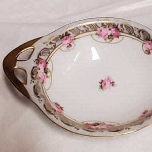 Beautiful Regina Ware, Germany Pierced Handled Little Condiment or Vanity Dish,  Pink Roses and Generous Gold
