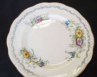 Royal Albert Gem, Floral and Gray Scrolls, Salad Snack Plate, 8"