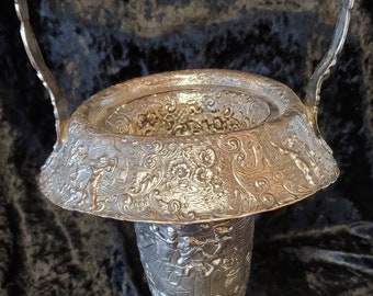 SALE!  Repousse&#39; Brides Basket, Barbour Silverplate, Dutch Country Scenes, 14&quot; tall with Handle,  Flower Arrangers Dream!