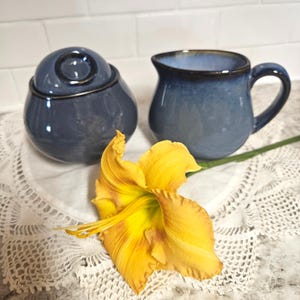 Sango Nova Blue Creamer and Sugar w Lid, Mid Century Look