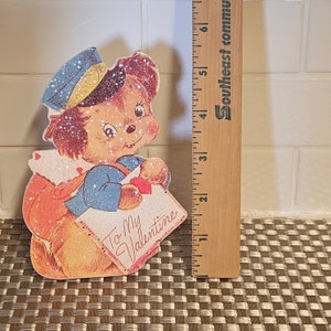 Valentine&#39;s Day Gift, Cute Mailman Puppy, Wooden Sparkle Stand Up with Retro Look, 5 1/2&quot; tall, Kathy Seburn