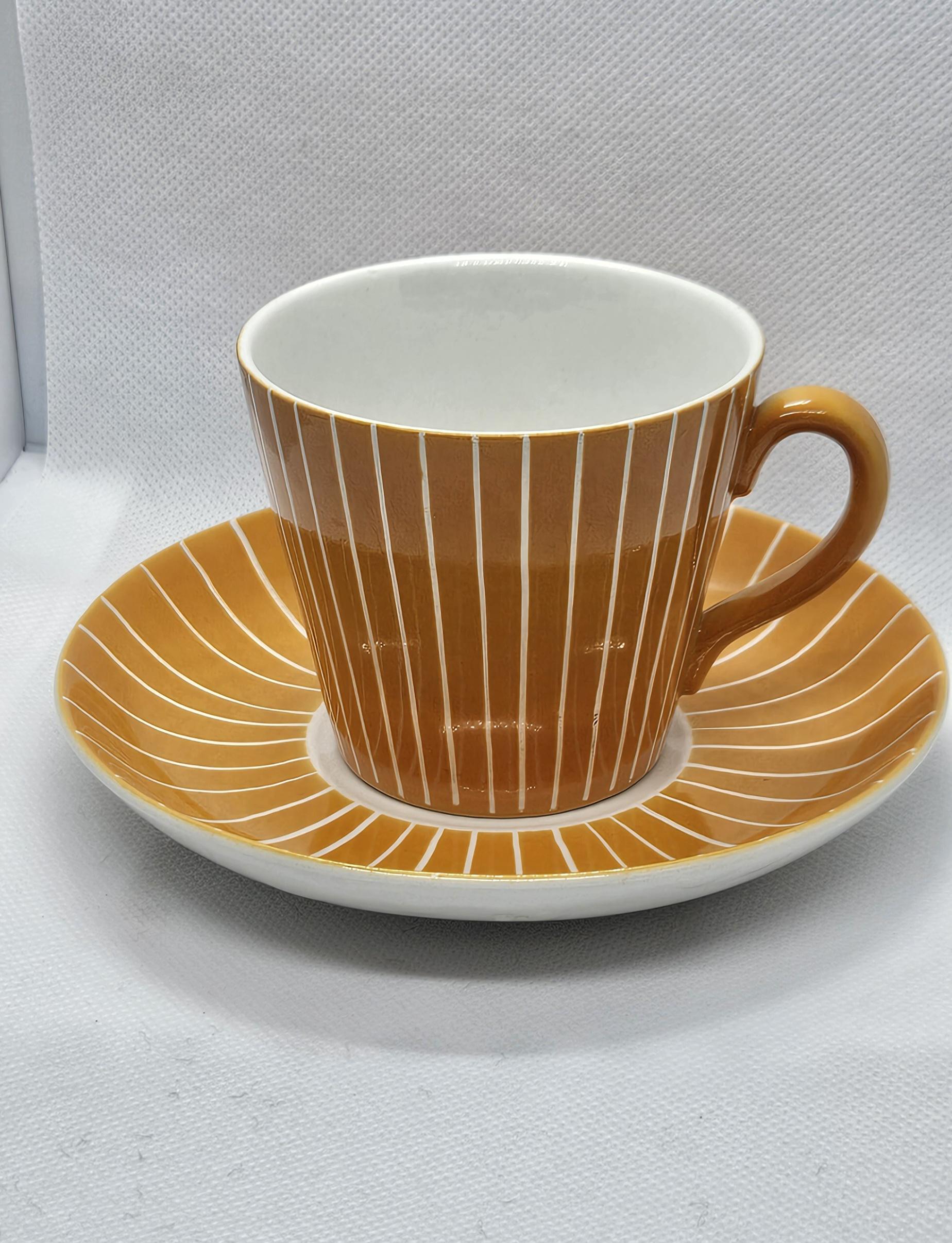 Gefle Zenit, Upsala Ekeby Cup and Saucer, Orange Stripe MCM Sueco