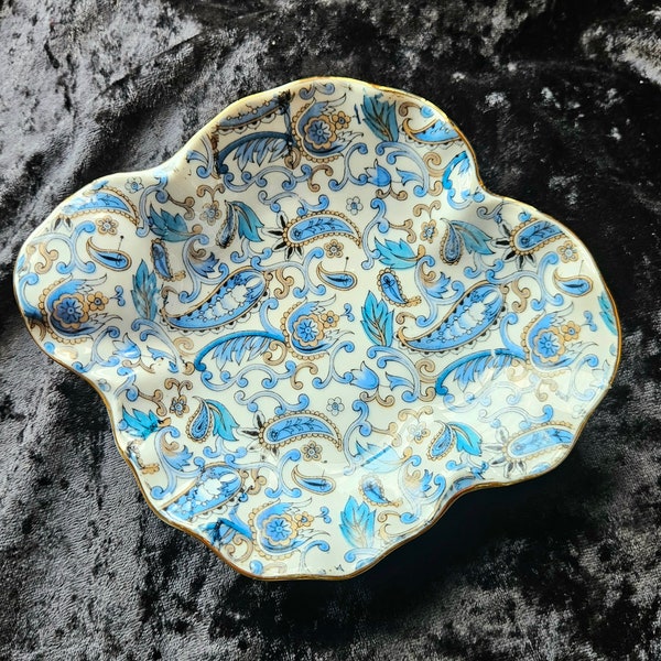 Lefton Chintz Blue Paisley Tidbit Candy Dish, Gold Trim