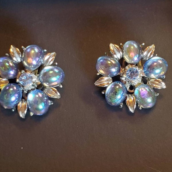 Vintage Coro Clip Earrings, Blue Glass and Rhinestone Flowers, Signed