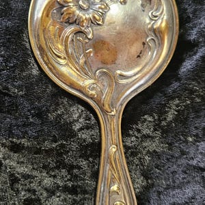 Rare 5" Hand Pocket Mirror, Art Nouveau, Floral Reposse, Silver Tone, Good Mirror