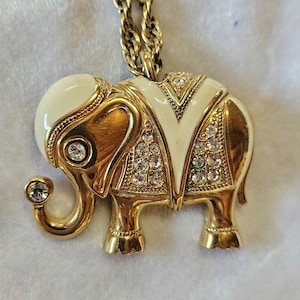 Vintage Avon Elephant Necklace Pendant Pin, K.J.L. for Avon, Gold Tone with White Enamel and Rhinestones, 29&quot; Chain