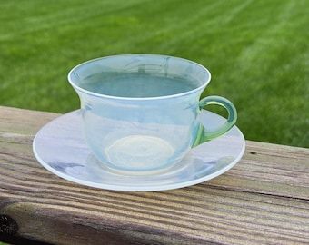 Fry Foval Opalescent and Jade Green Cup and Saucer, 1920s Art Glass