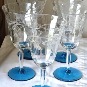 Art Deco 8oz. Crystal w Aqua Blue Base, Stem Glass Goblet for Wine, Cocktails or other Beverage, Paneled and Etched