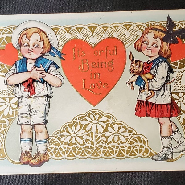 Vintage Valentine, Children in Sailor Suits, Buster Brown Look, Embossing with Gold