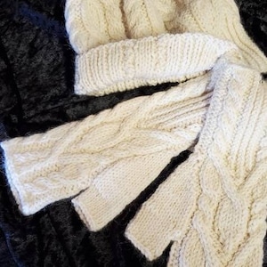 SALE! Set of Hand Knitted Stocking Cap and Fingerless Mitts, Soft and Warm, Cream Neutral Color