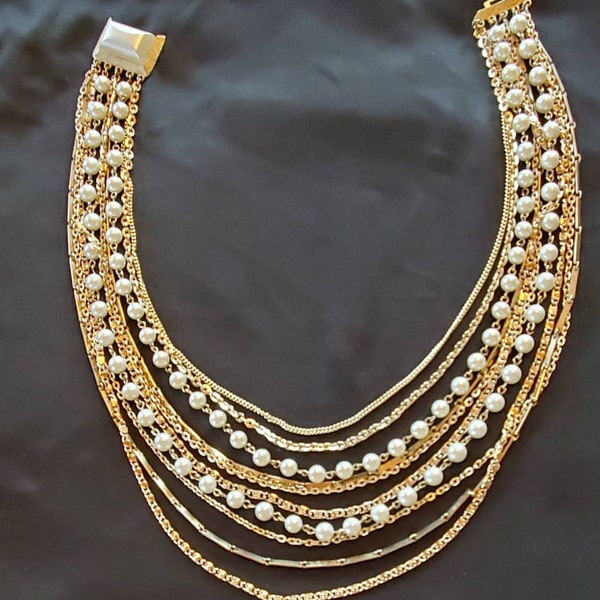 CORO Vintage MCM 10 Strand Bib Necklace, Gold Tone and Faux Pearls, Unique Bold Look