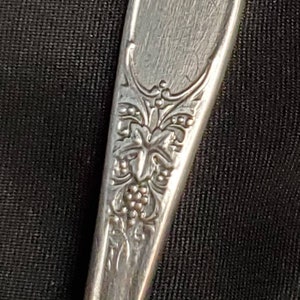 Puede incluir: Primer plano del mango de una cuchara de plata con un diseño adornado de uvas y hojas.