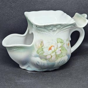 Antique Shaving Scuttle Mug, Lustreware Roses, Brush Rest & Old Brush