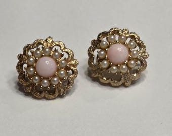 Sarah Coventry Angel Pink Clip Earrings, Gold Tone w Faux Pearls