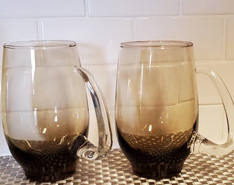 2 Vintage Libbey Tempo Tankard Tawny Smoky Brown Open Handles 60s MCM