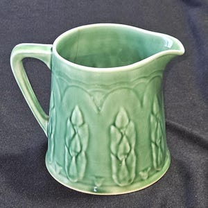 McCoy Art Deco Asparagus or Double Candle Green Pitcher, 5" Tall, Hairline but Beautiful!