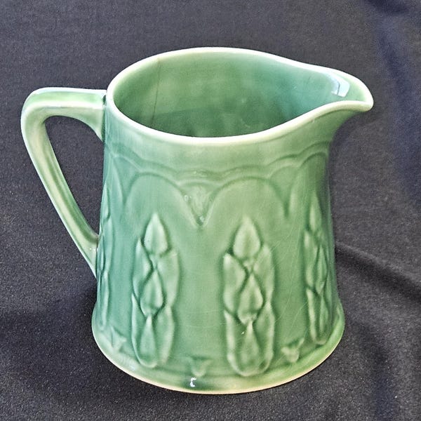 McCoy Art Deco Asparagus or Double Candle Green Pitcher, 5" Tall, Hairline but Beautiful!